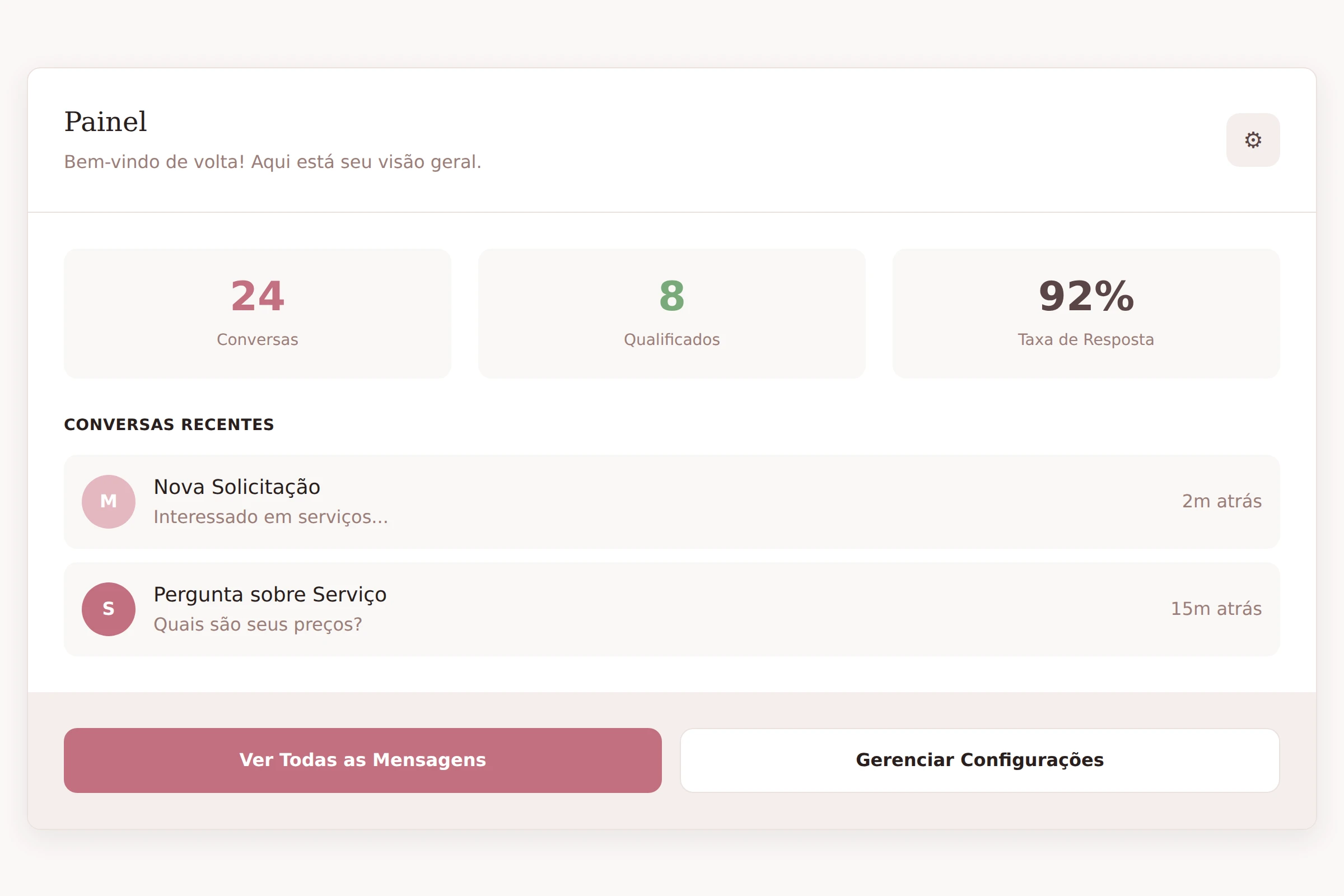 Painel completo para gerenciar mensagens e configurações